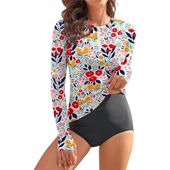 WOWENY Womens Rash Guard Long Sleeve UPF 50 Swim Shirt Zip Sun Protection - Picture 7 of 7